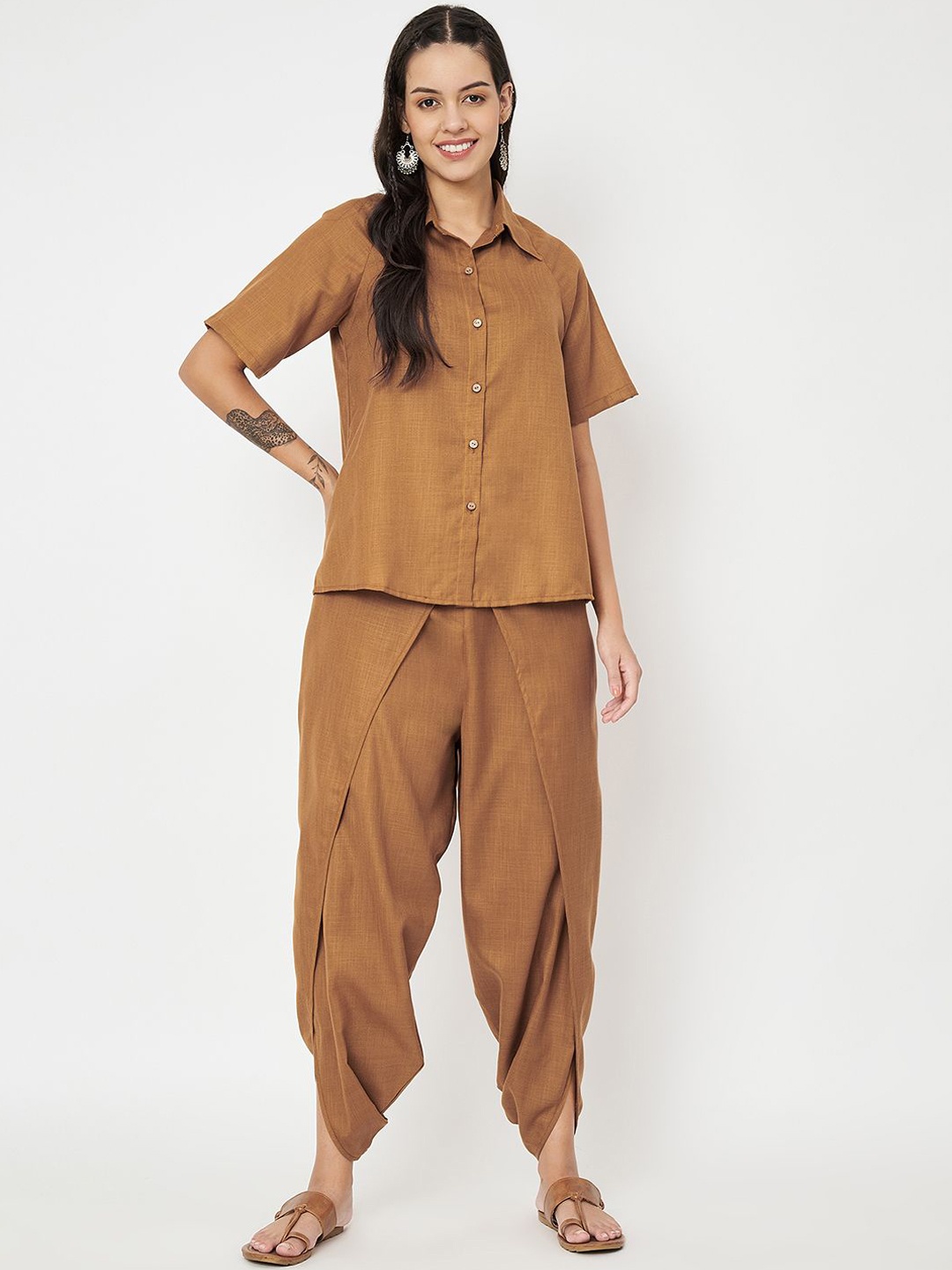 

9rasa Short Sleeves Loose Fit Shirt With Dhoti Pant, Mustard
