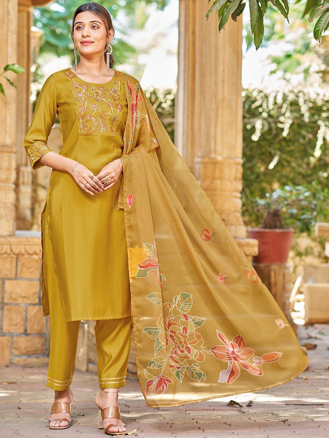 

KALINI Floral Embroidered Round Neck Sequinned Straight Kurta With Trousers & Dupatta, Yellow