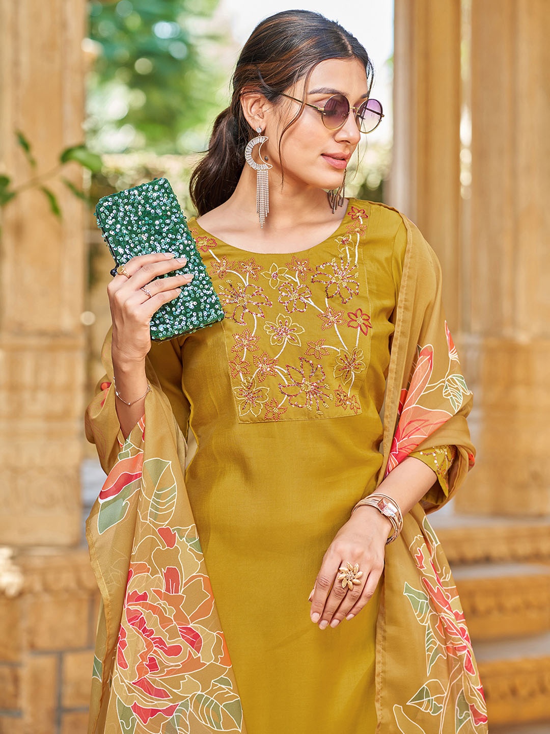 

KALINI Floral Embroidered Round Neck Sequinned Straight Kurta With Trousers & Dupatta, Yellow
