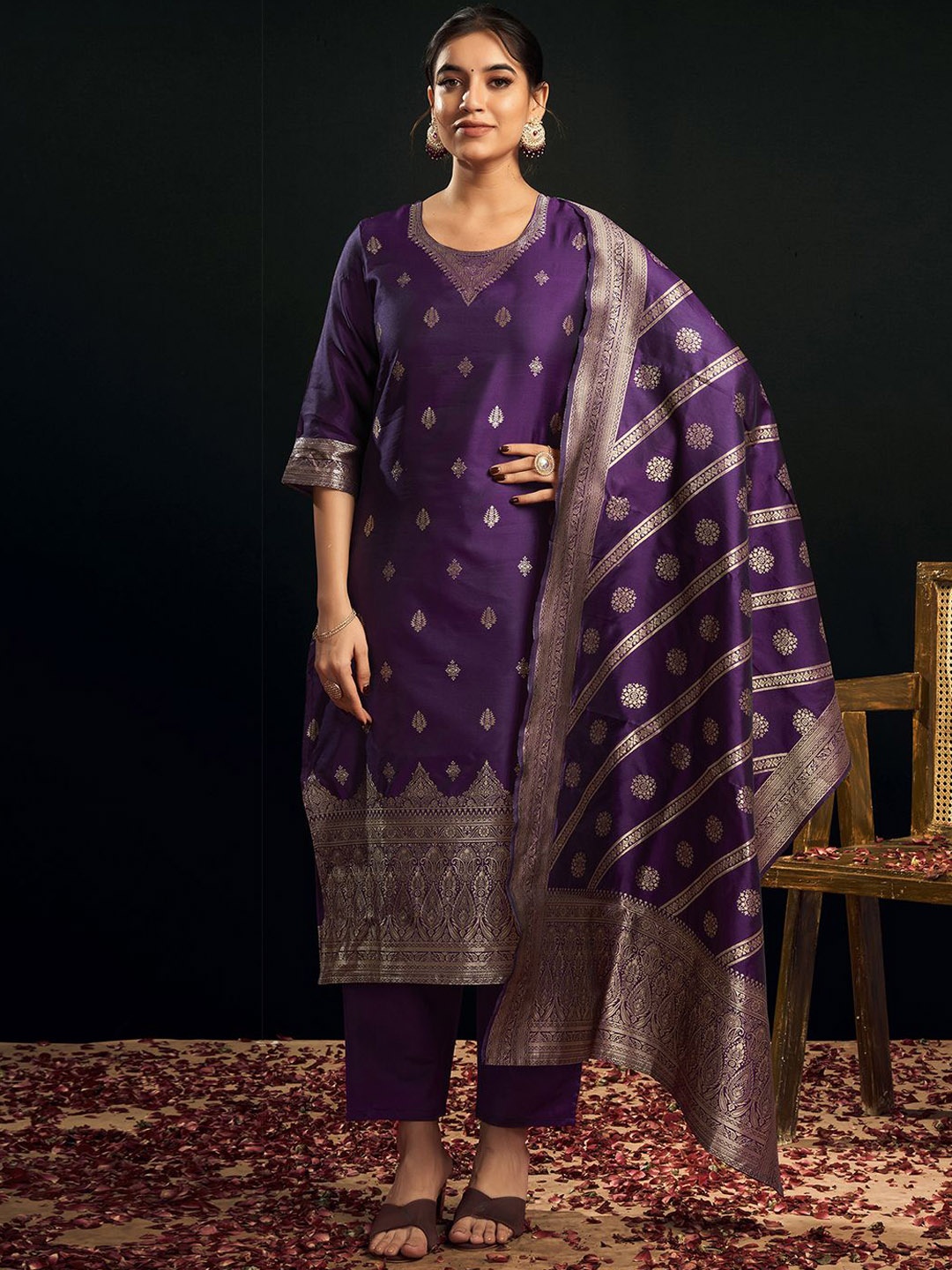 

KALINI Ethnic Motifs Woven Design Kurta with Trousers & Dupatta, Purple