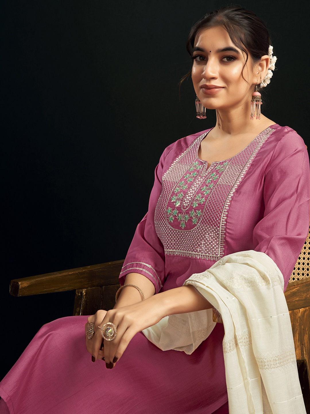 

KALINI Ethnic Motifs Embroidered Kurta with Trousers & Dupatta, Pink