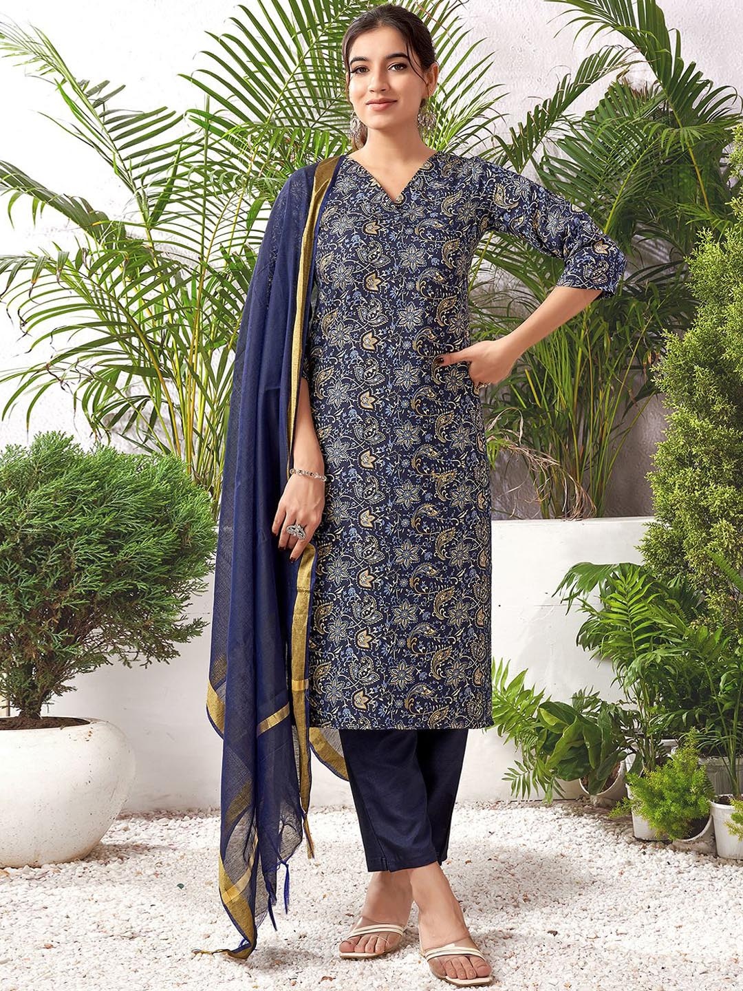 

KALINI Floral Printed V Neck Straight Kurta With Trousers & Dupatta, Blue