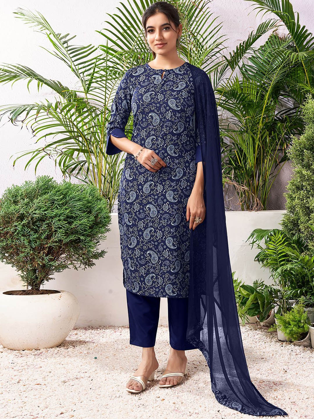 

KALINI Paisley Printed Keyhole Neck Straight Kurta with Trousers & Dupatta, Blue