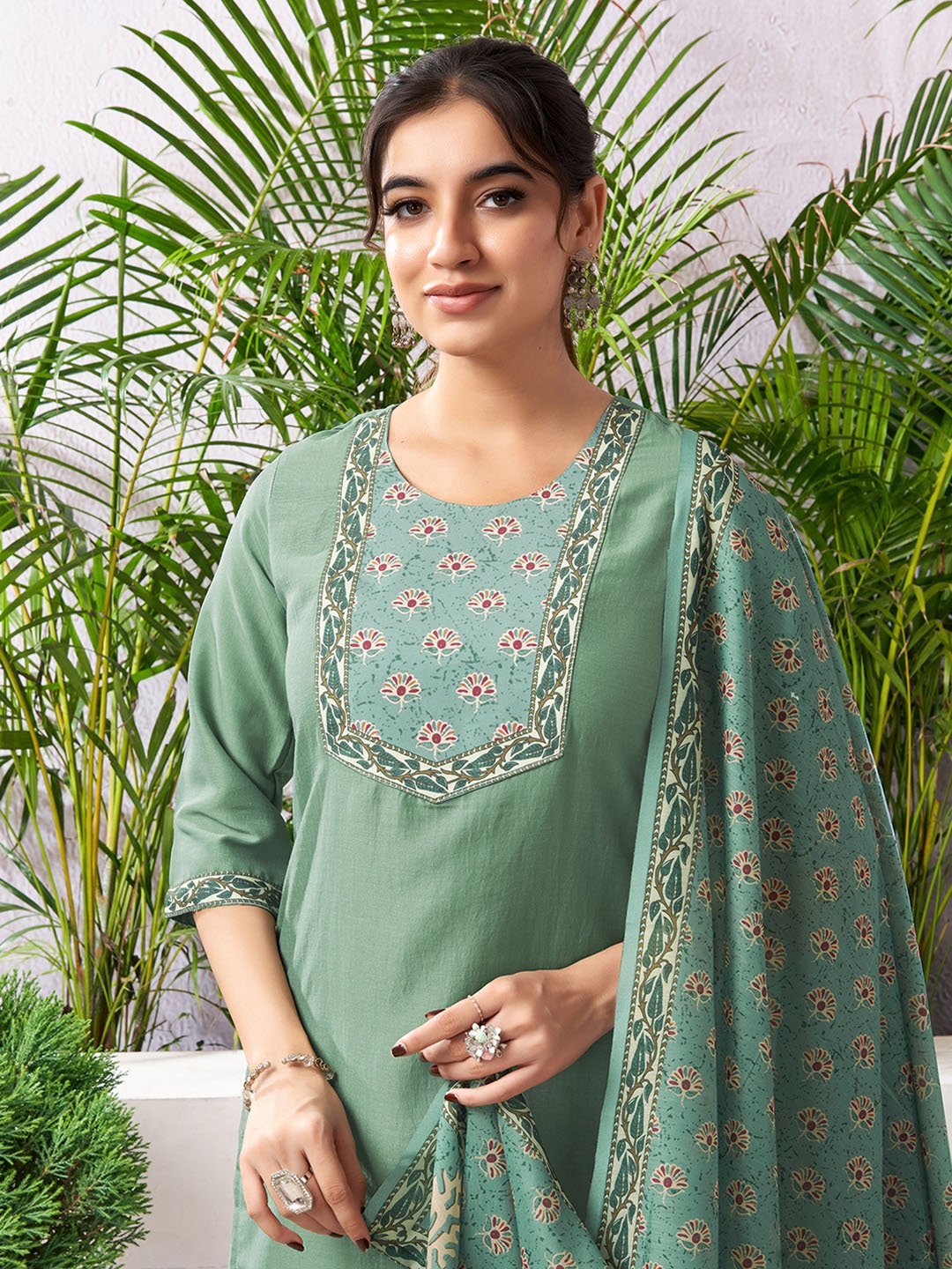 

KALINI Floral Printed Straight Kurta with Trousers & Dupatta, Green