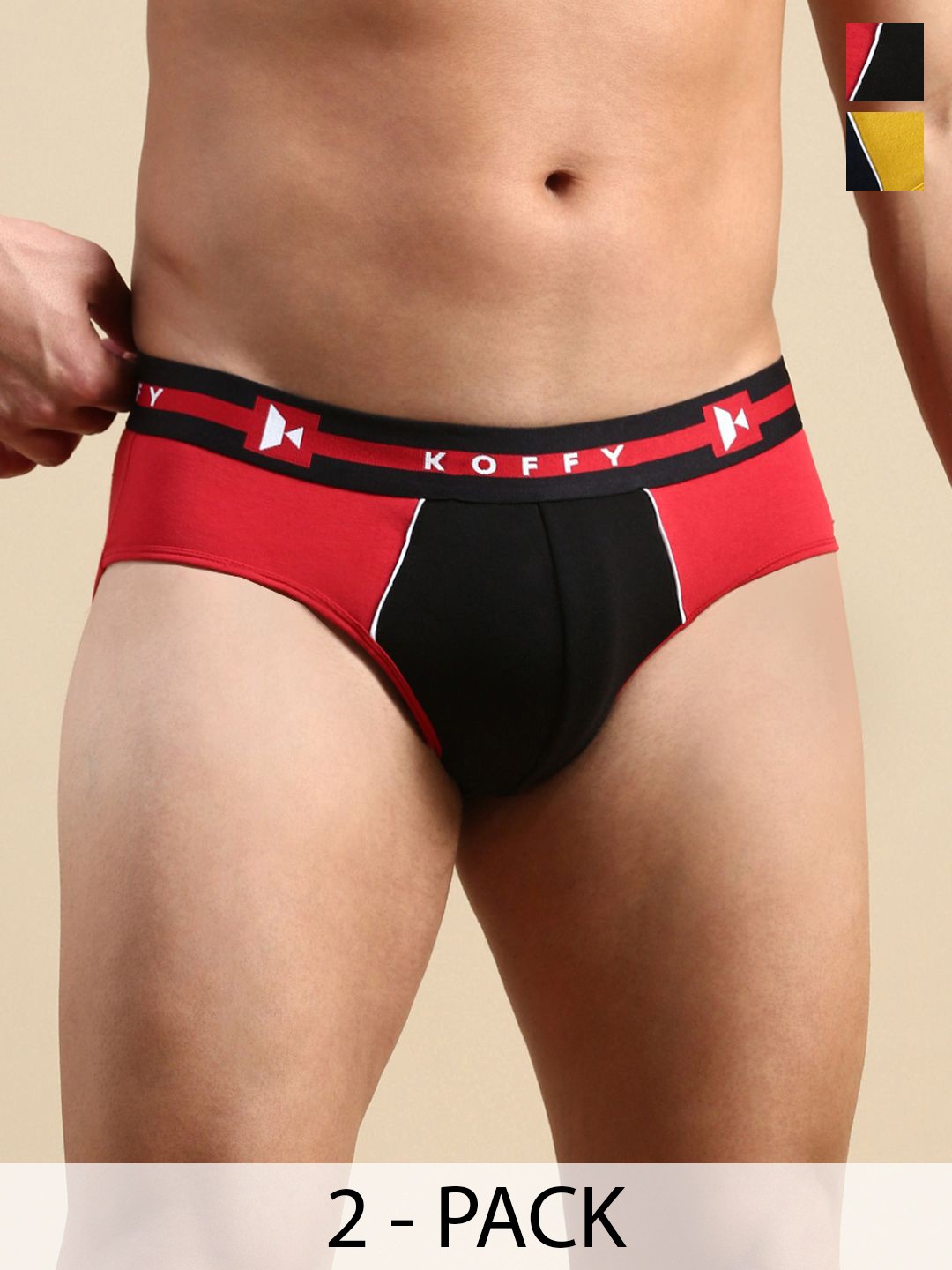 

KOFFY Pack of 2 Men Colourblocked Mid-Rise Bikini Briefs KOFFY_KI29_YLW_RD_2PC, Yellow