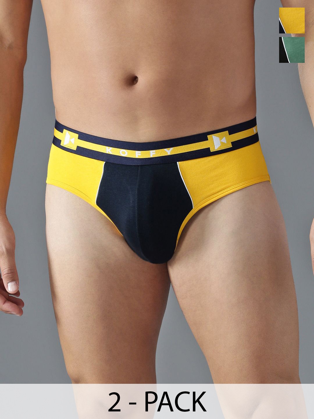 

KOFFY Men Pack Of 2 Cotton Mid- Rise Basic Briefs KOFFY_KI29_GN_YLW_2PC, Green