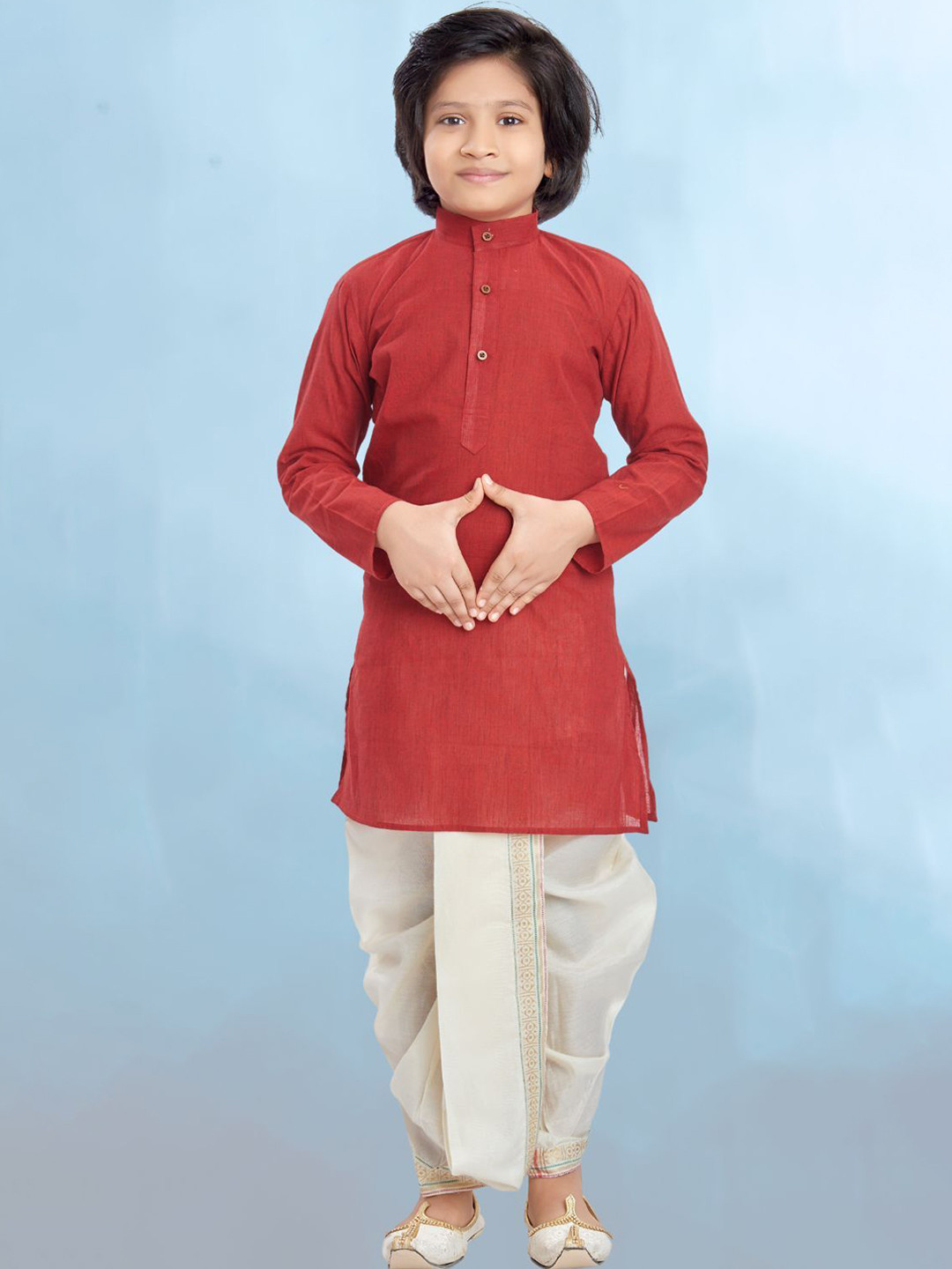 

SHIWAM ETHNIX Boys Band Collar Long Sleeves Straight Kurta With Dhoti Pants, Red