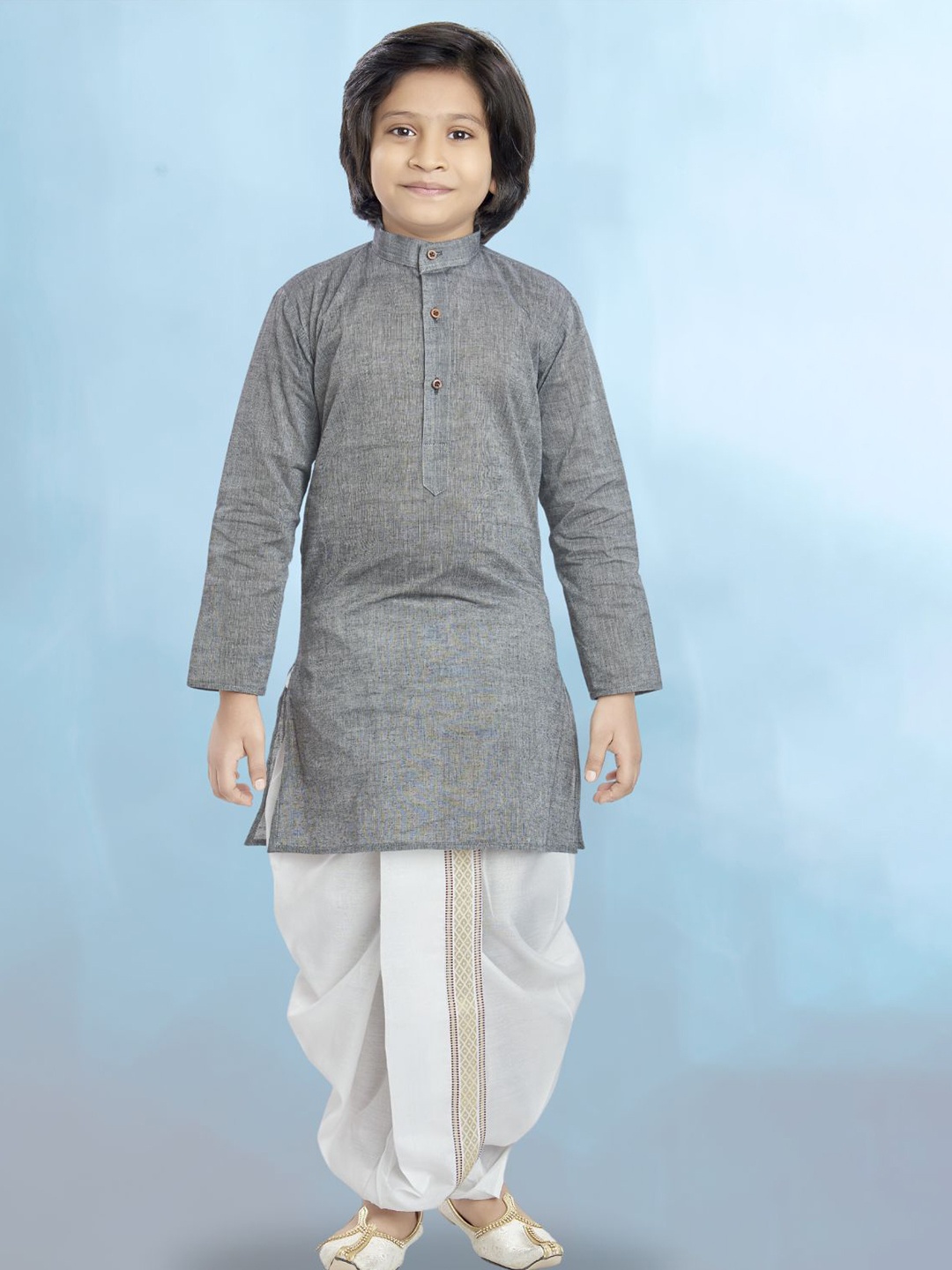 

SHIWAM ETHNIX Boys Band Collar Long Sleeves Straight Kurta With Dhoti Pants, Grey