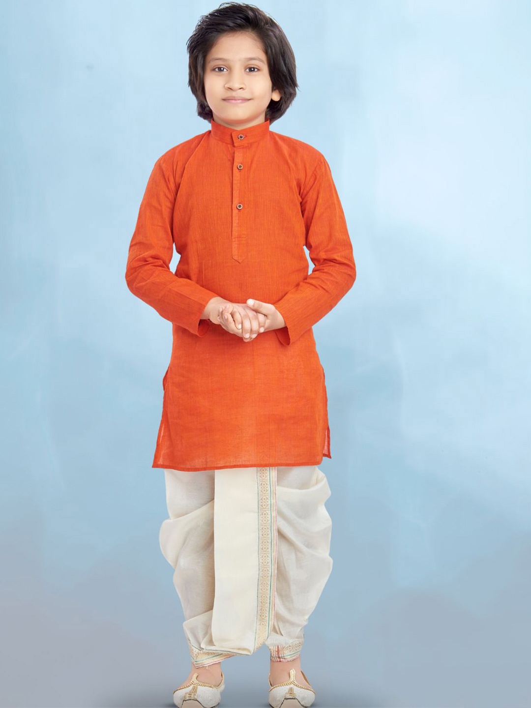 

SHIWAM ETHNIX Boys Band Collar Long Sleeves Straight Kurta With Dhoti Pants, Orange