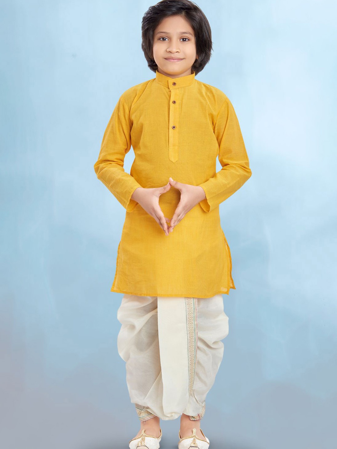 

SHIWAM ETHNIX Boys Band Collar Long Sleeves Straight Kurta With Dhoti Pants, Yellow