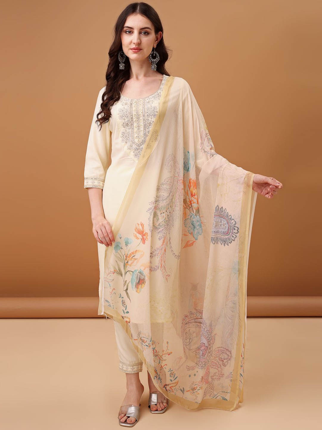 GORGONE Floral Embroidered Sequined Kurta with Palazzos & Dupatta, Cream