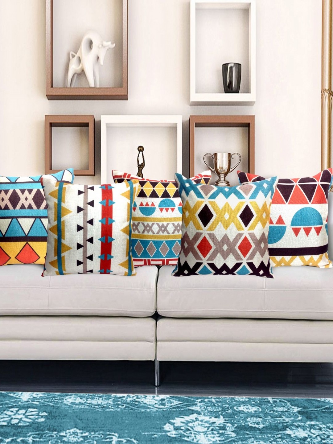 

HOME9INE White & Blue 5 Pieces Geometric Square Cushion Covers