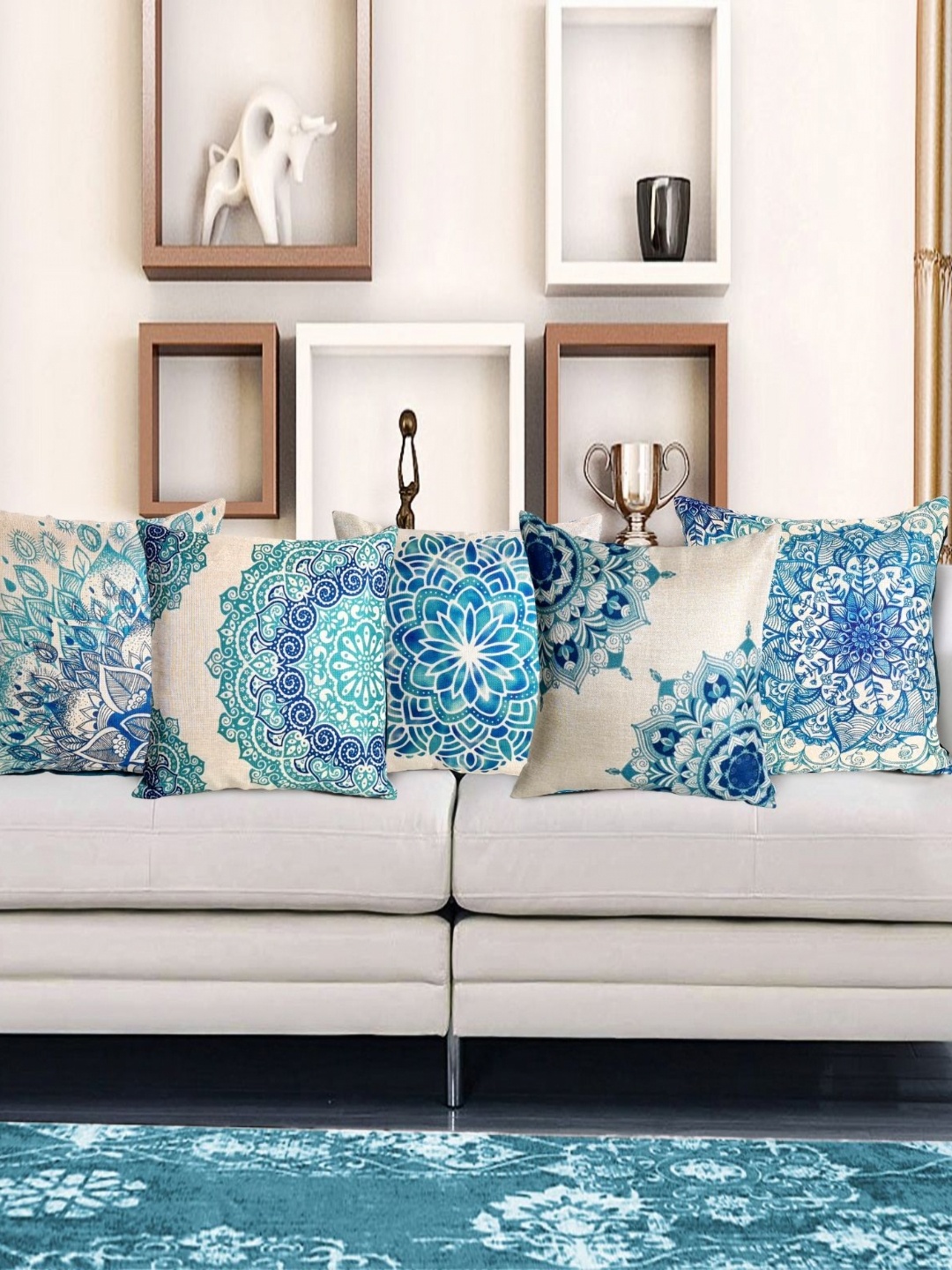 

HOME9INE White & Blue 5 Pieces Ethnic Motifs Printed Jute Cotton Square Cushion Covers