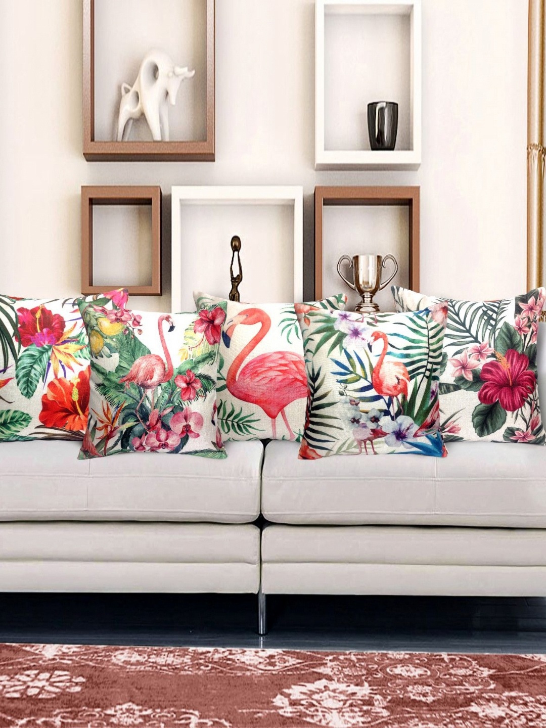 

HOME9INE White & Pink 5 Pieces Floral Square Cushion Covers