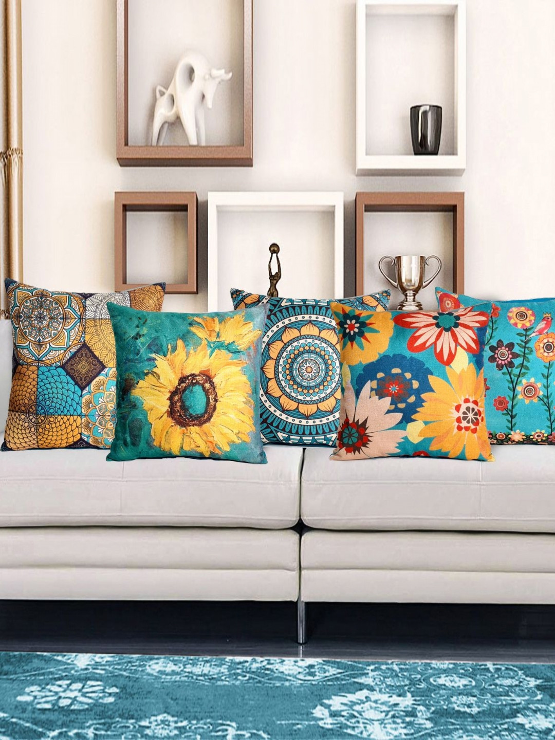 

HOME9INE Yellow & Blue 5 Pieces Floral Square Cushion Covers