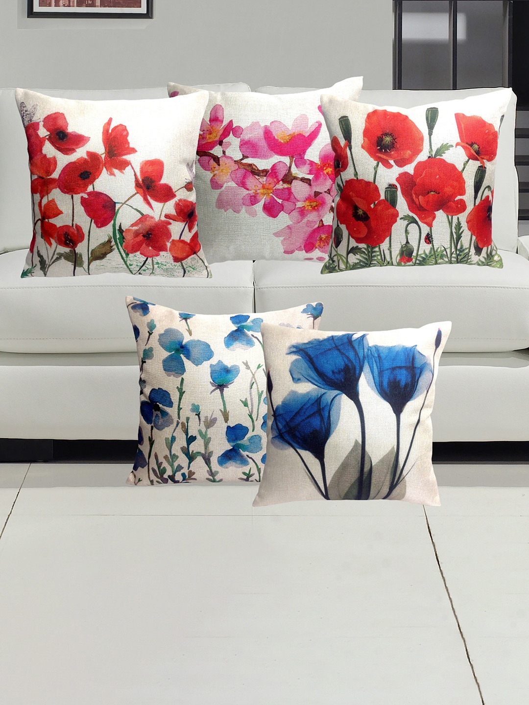 

HOME9INE White & Blue 5 Pieces Floral Square Cushion Covers