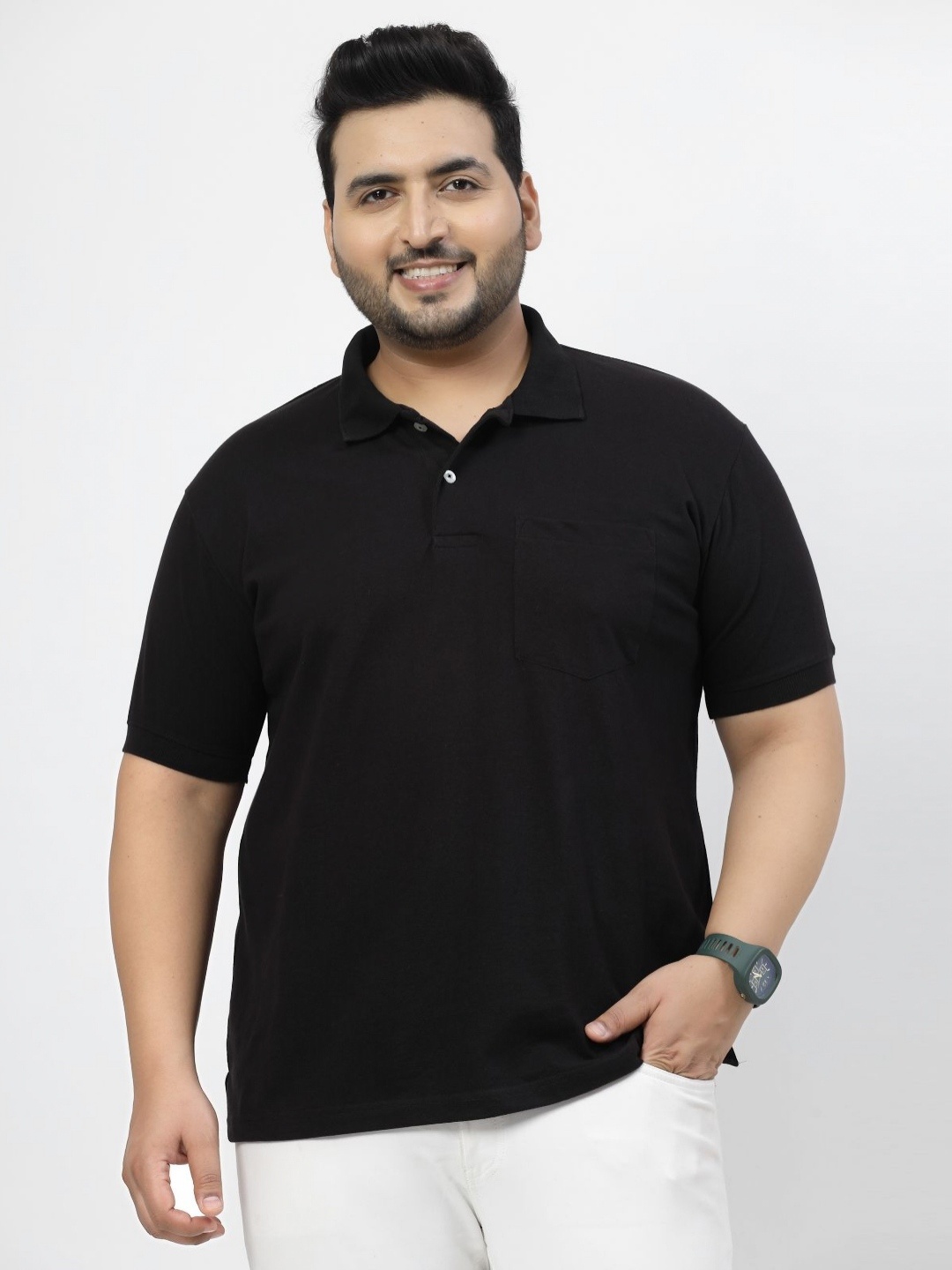 

plusS Men Polo Collar Pockets T-shirt, Black
