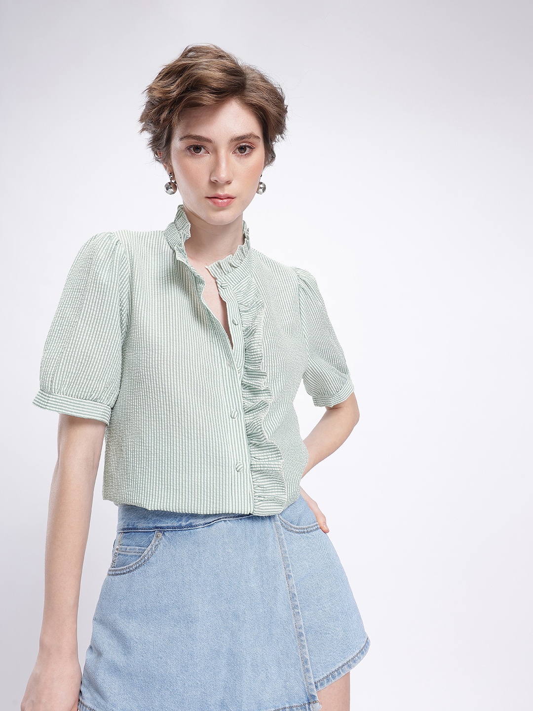 

French Connection Striped Seersucker Puff Sleeves Ruffles Detailed Casual Shirt, Green