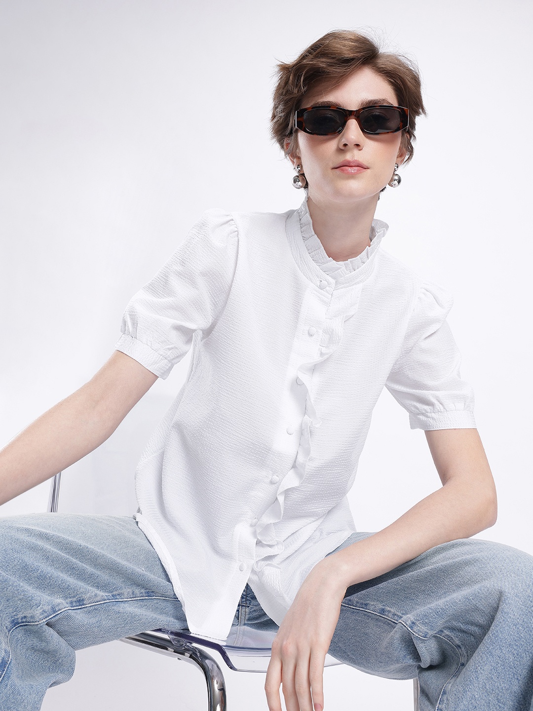 

French Connection Puff Sleeves Ruffles Detailed Seersucker Casual Shirt, White