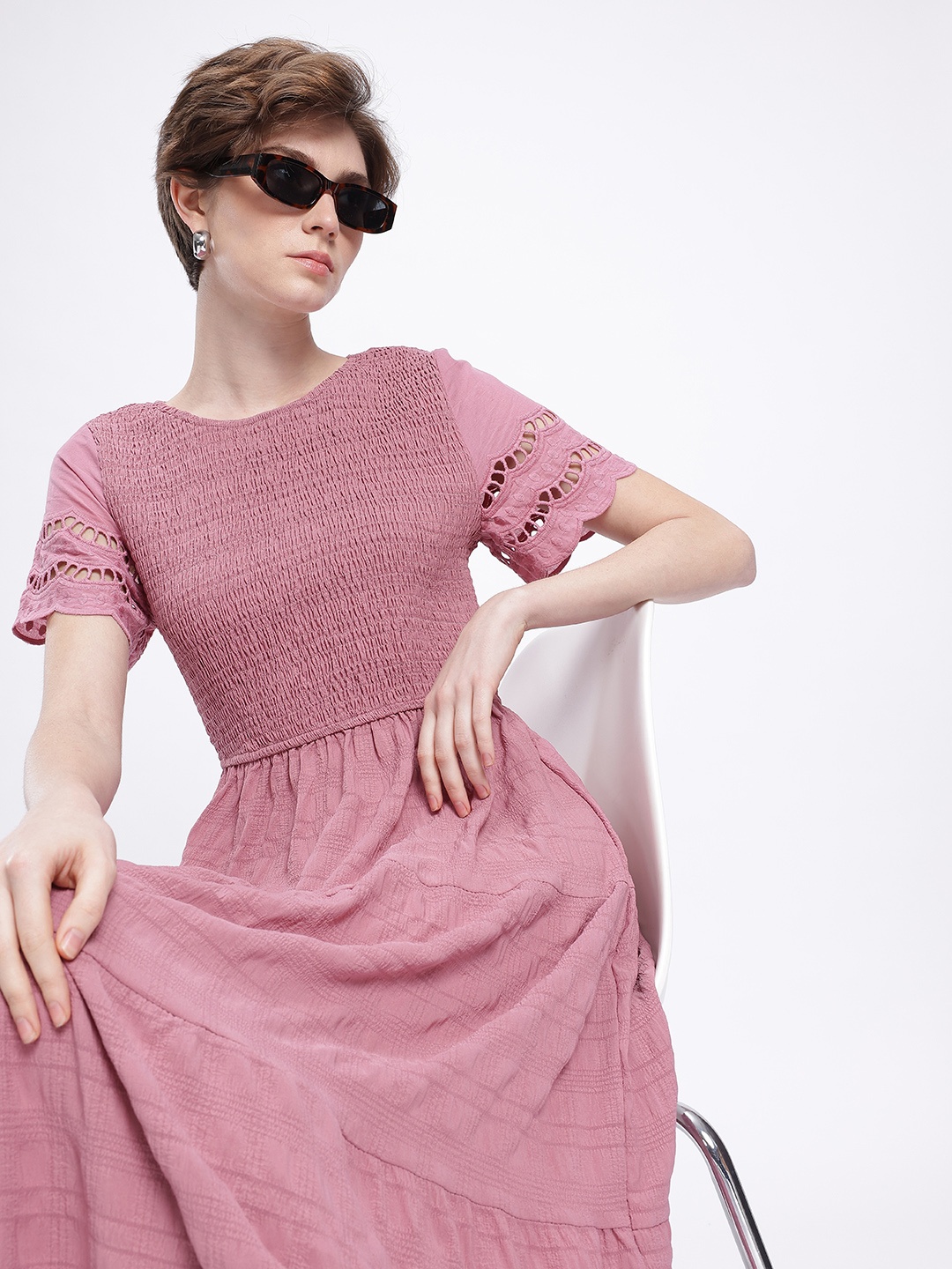 

French Connection Smocked Self Checked Tiered A-Line Midi Dress, Pink