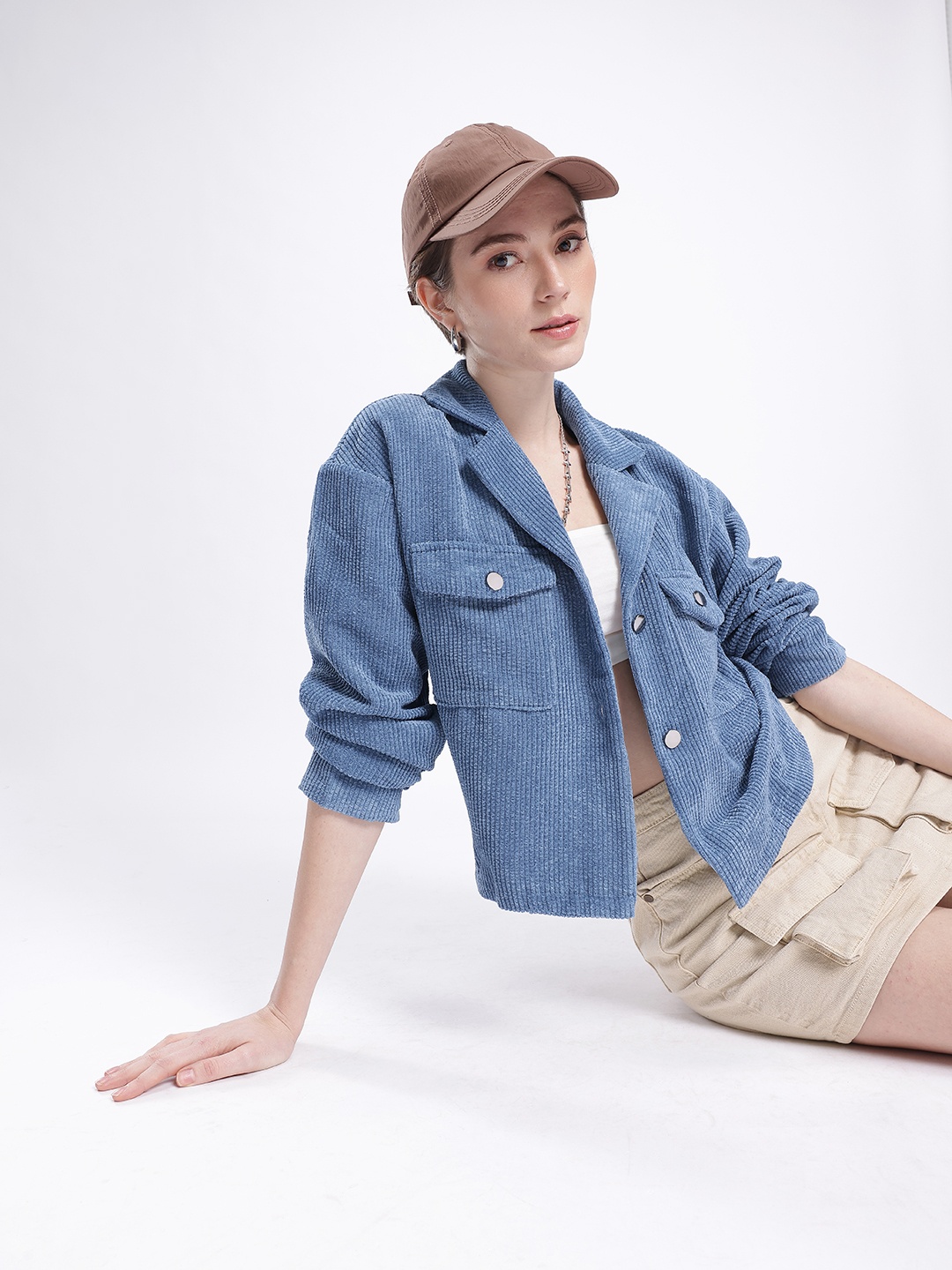 

French Connection Notched Lapel Collar Drop Shoulder Corduroy Shacket, Blue