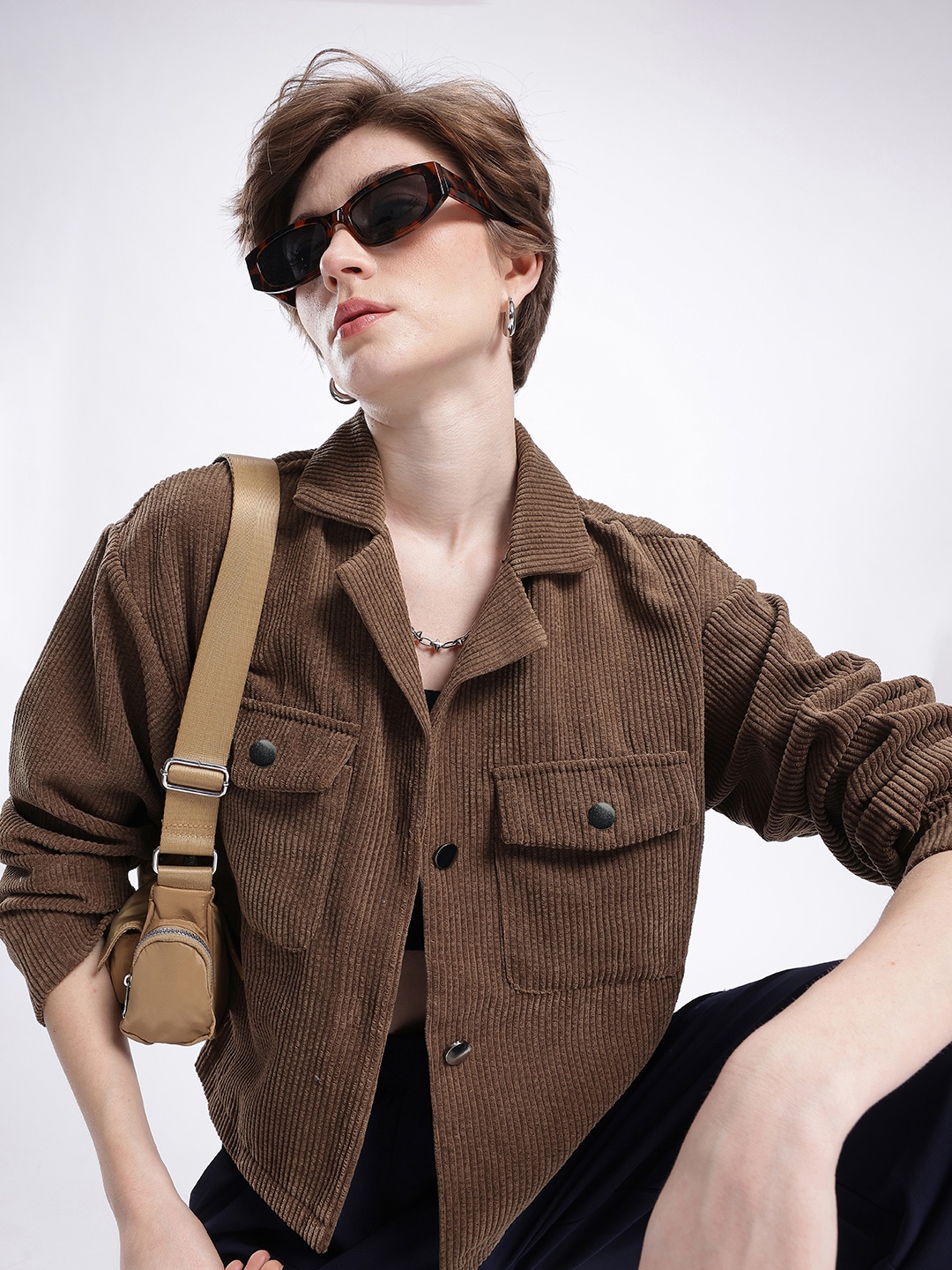 

French Connection Notched Lapel Collar Drop Shoulder Corduroy Shacket, Brown