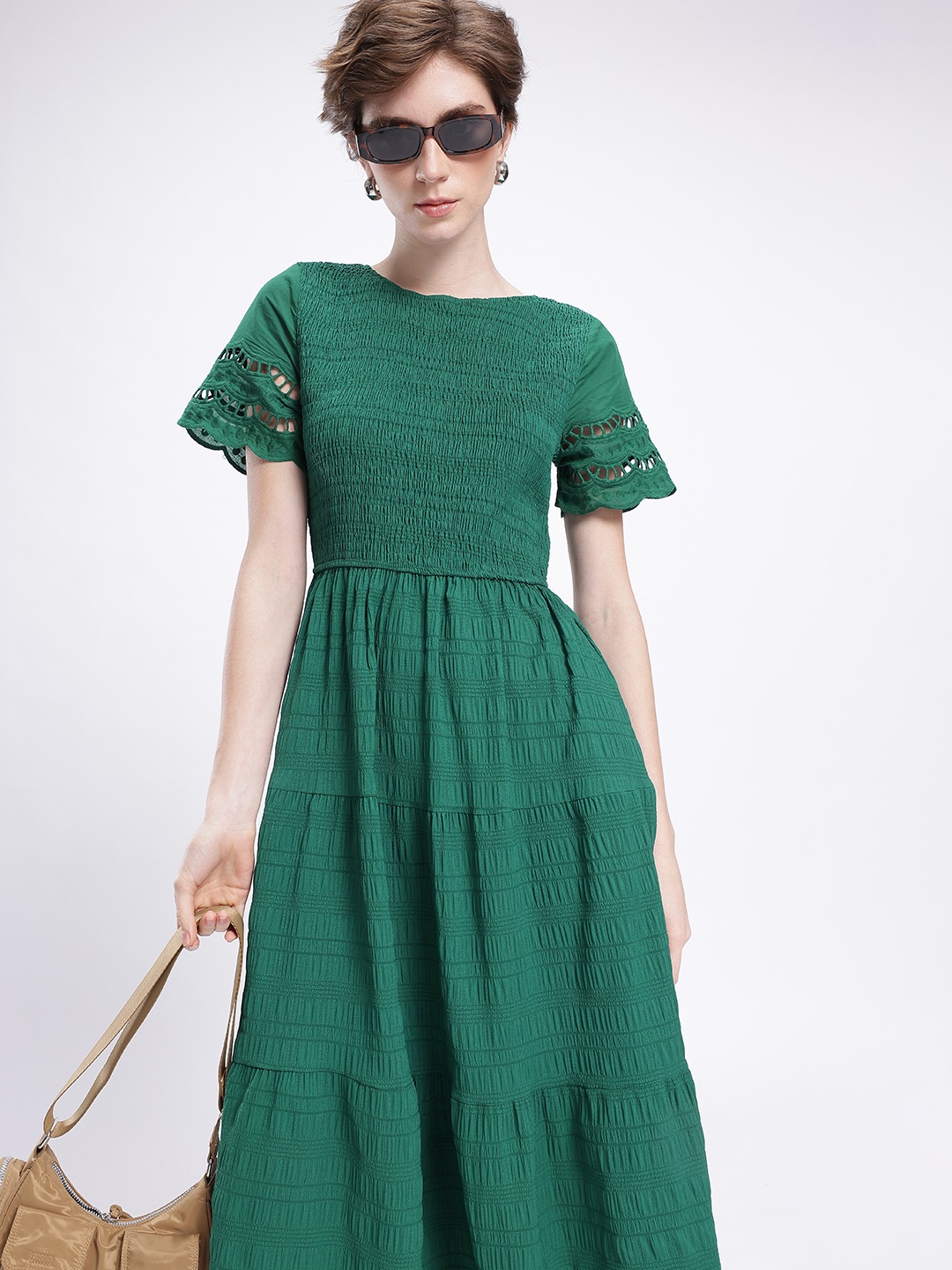 

French Connection Smocked Self Checked Tiered A-Line Midi Dress, Green