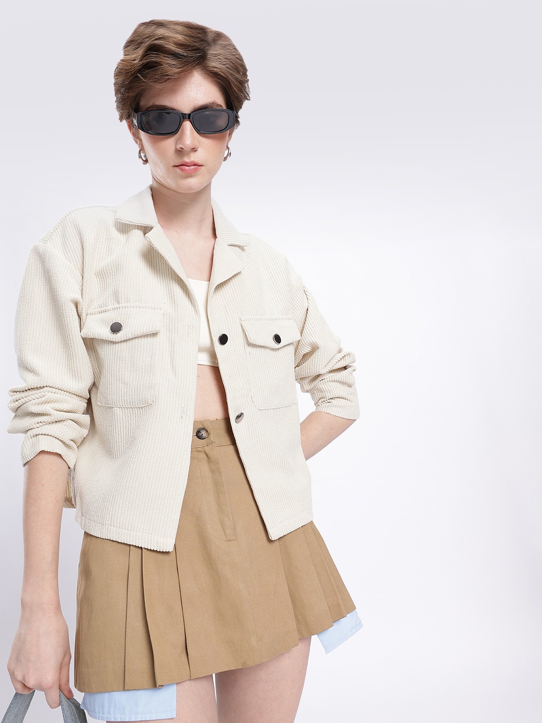 

French Connection Notched Lapel Collar Drop Shoulder Corduroy Shacket, Cream