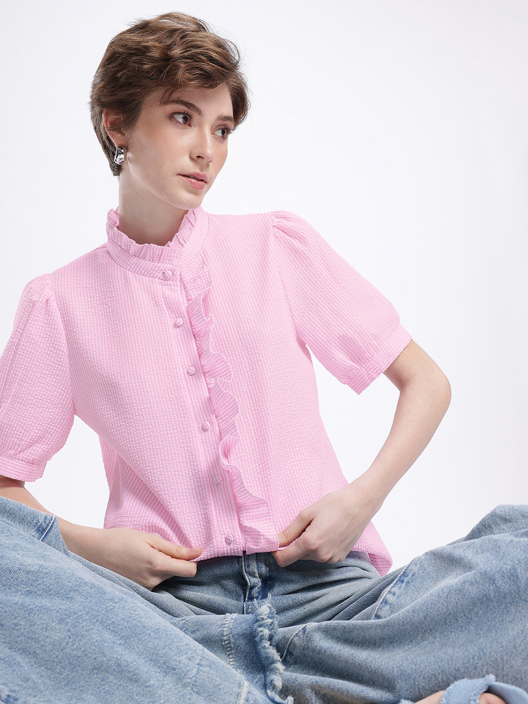 

French Connection Striped Seersucker Puff Sleeves Ruffles Detailed Casual Shirt, Pink