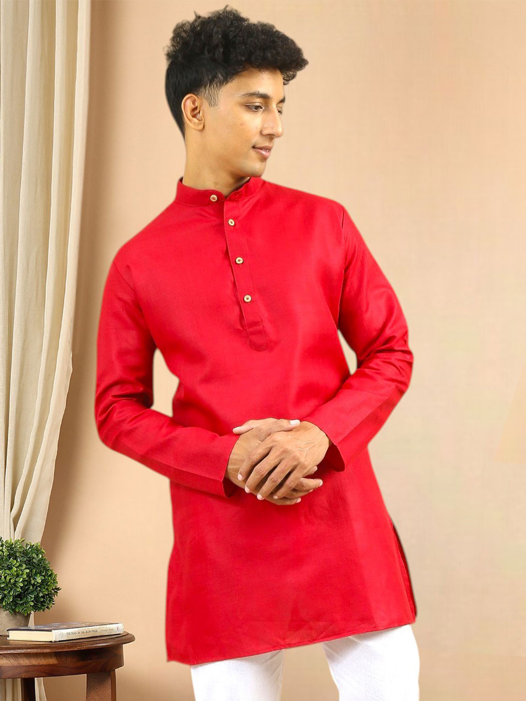

TATTVA Mandarin Collar Cotton Straight Kurta, Red