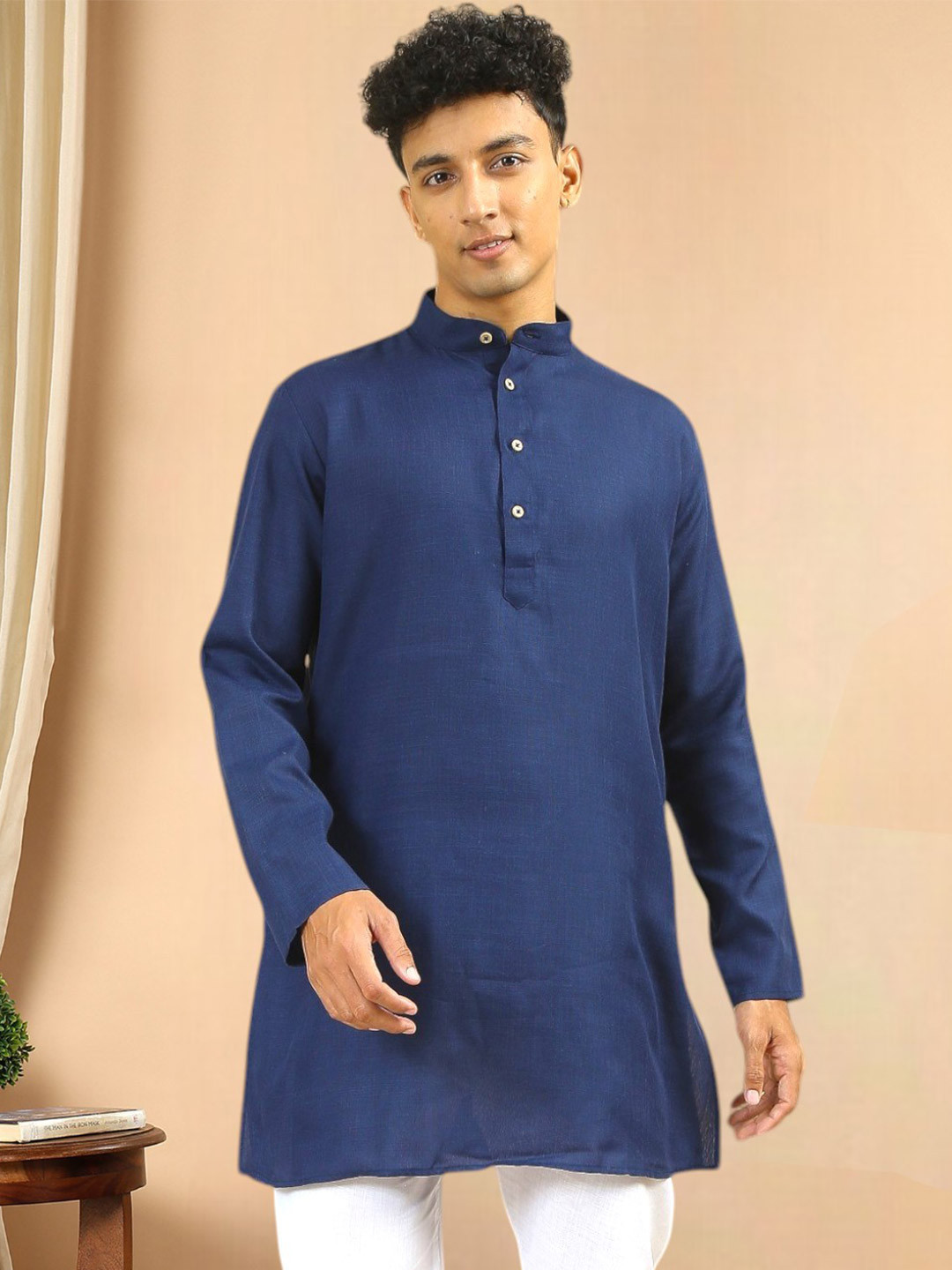 

TATTVA Mandarin Collar Cotton Straight Kurta, Navy blue