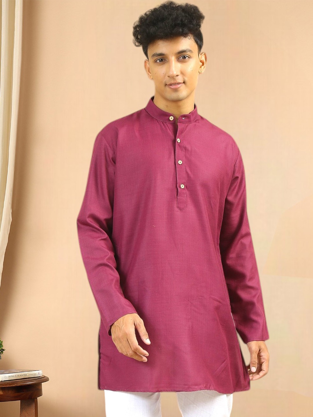

TATTVA Mandarin Collar Cotton Straight Kurta, Purple