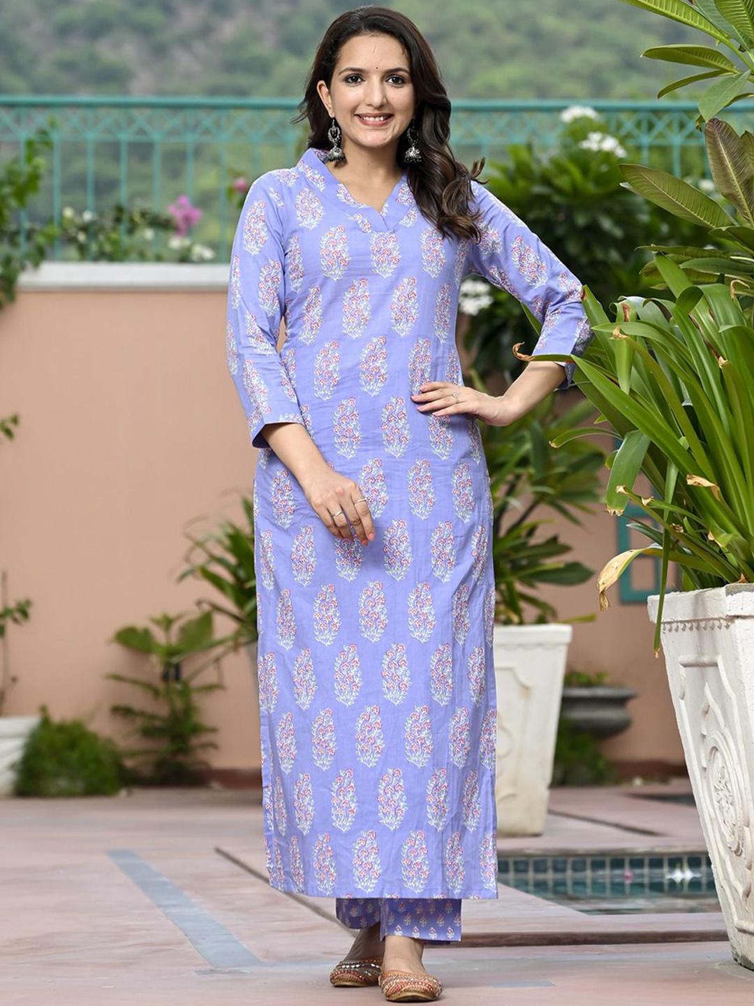 

KALINI Floral Printed V-Neck Straight Kurta With Trousers, Purple