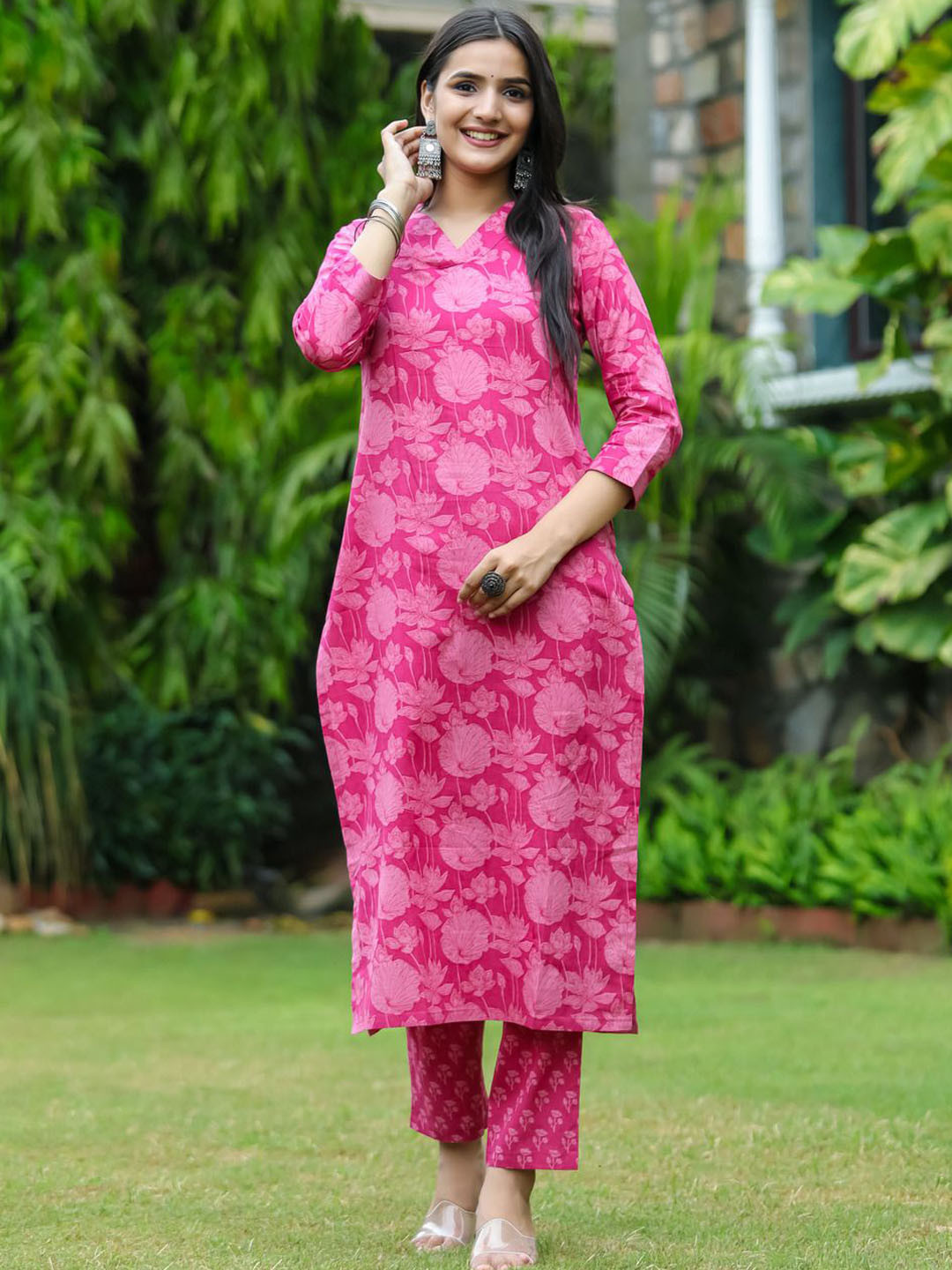

KALINI Floral Printed V Neck Straight Kurta With Trousers, Pink