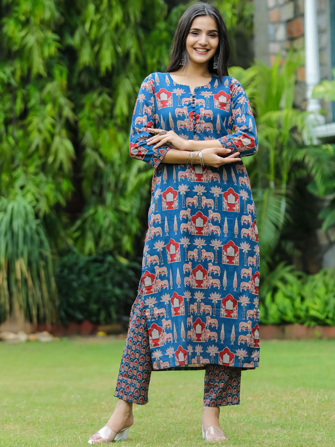 

KALINI Ethnic Motifs Printed Notch Neck Straight Kurta With Trousers, Blue