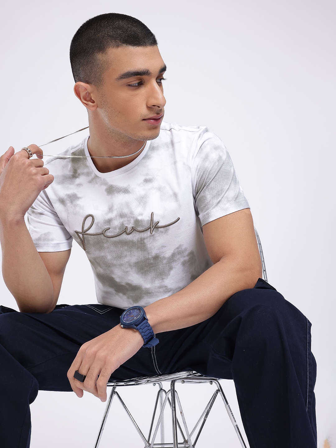 

FCUK Brand Logo Embroidered Tie-Dyed T-shirt, White
