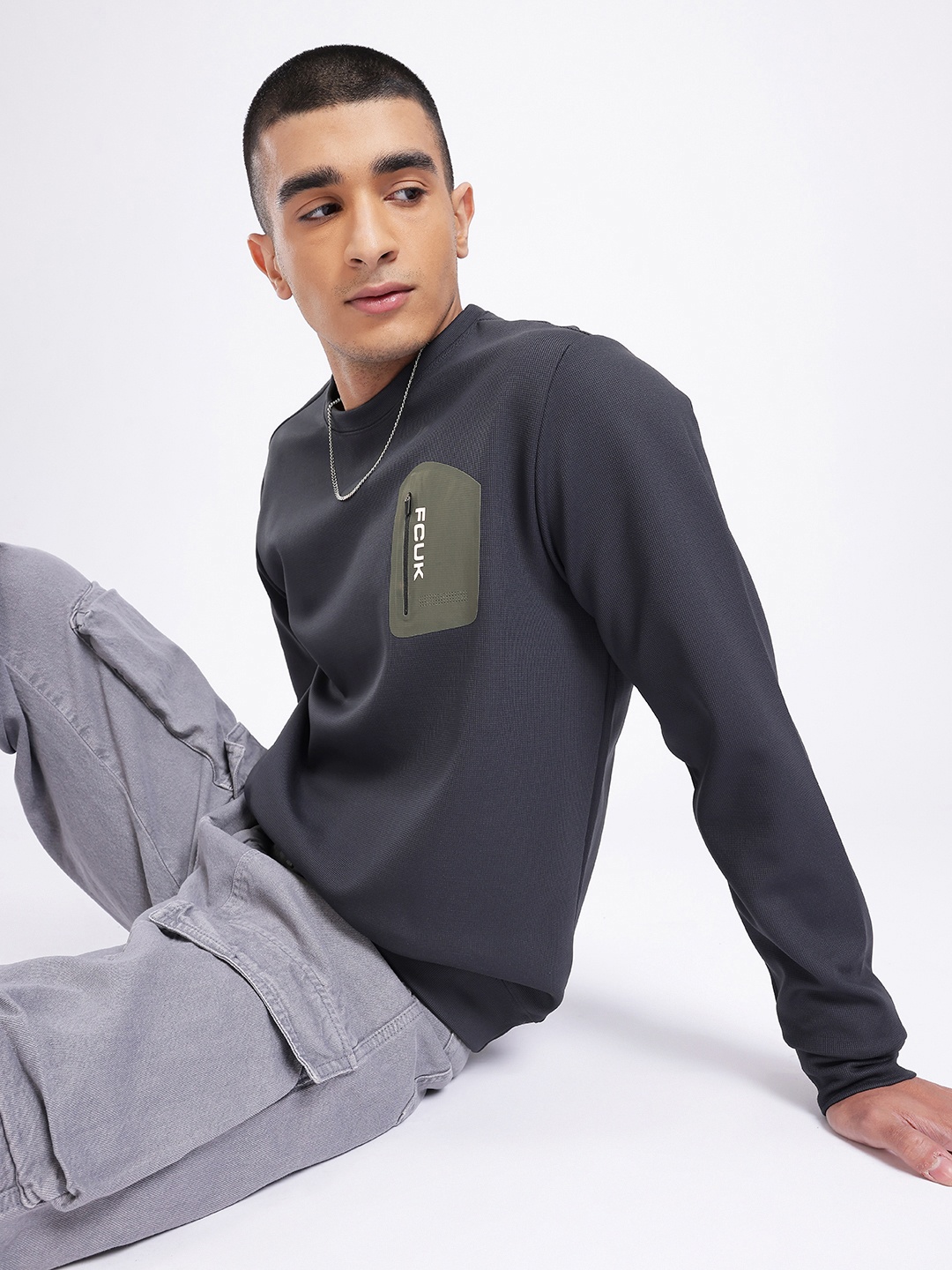 

FCUK Self Design Pocket Detailed Sweatshirt, Grey