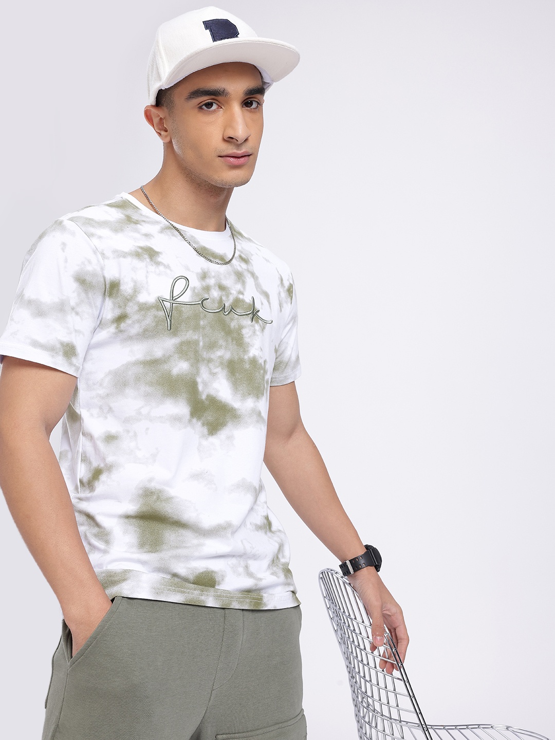 

FCUK Brand Logo Embroidered Tie-Dyed T-shirt, White