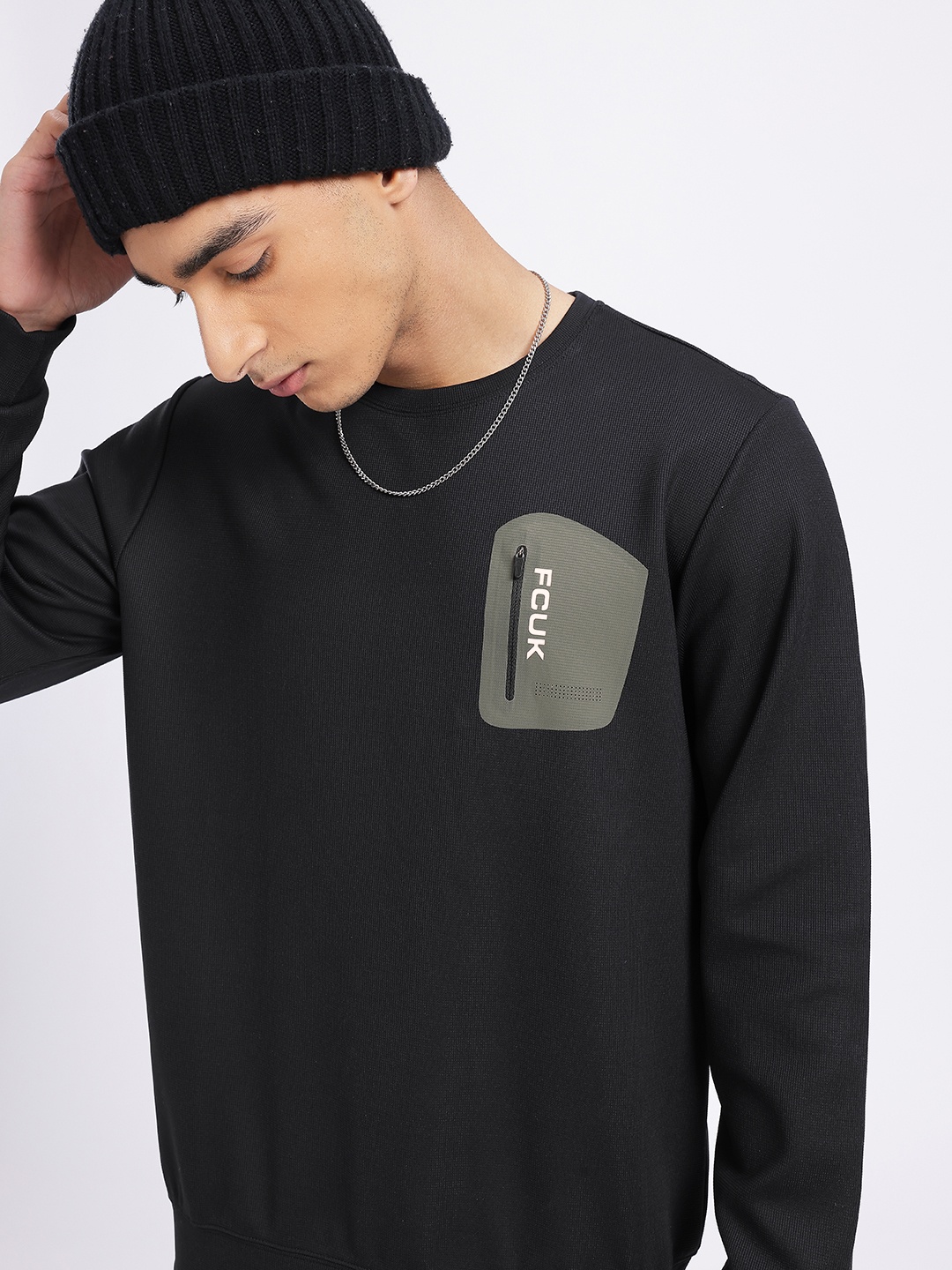 

FCUK Self Design Pocket Detailed Sweatshirt, Black