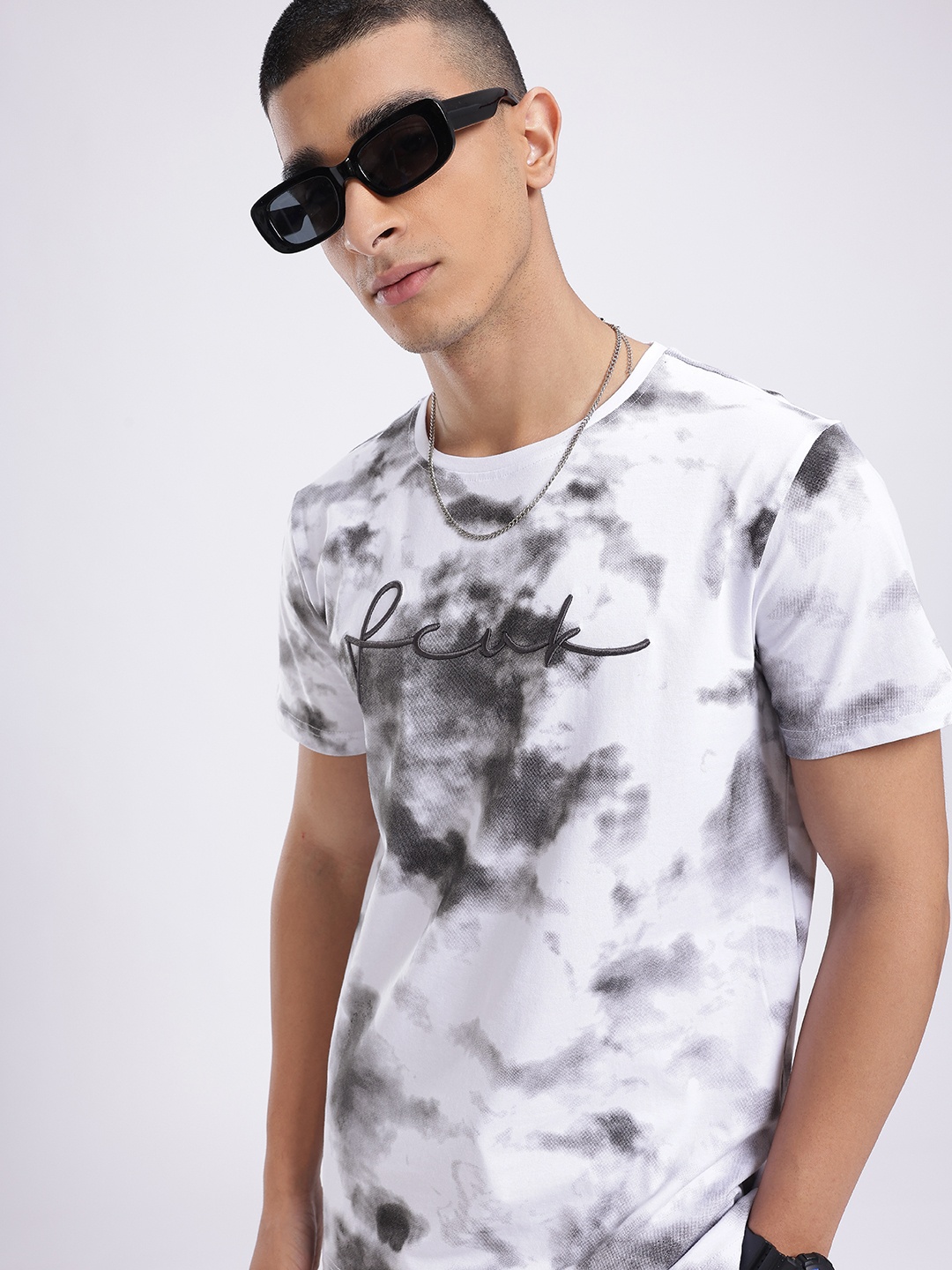 

FCUK Brand Logo Embroidered Tie-Dyed T-shirt, White
