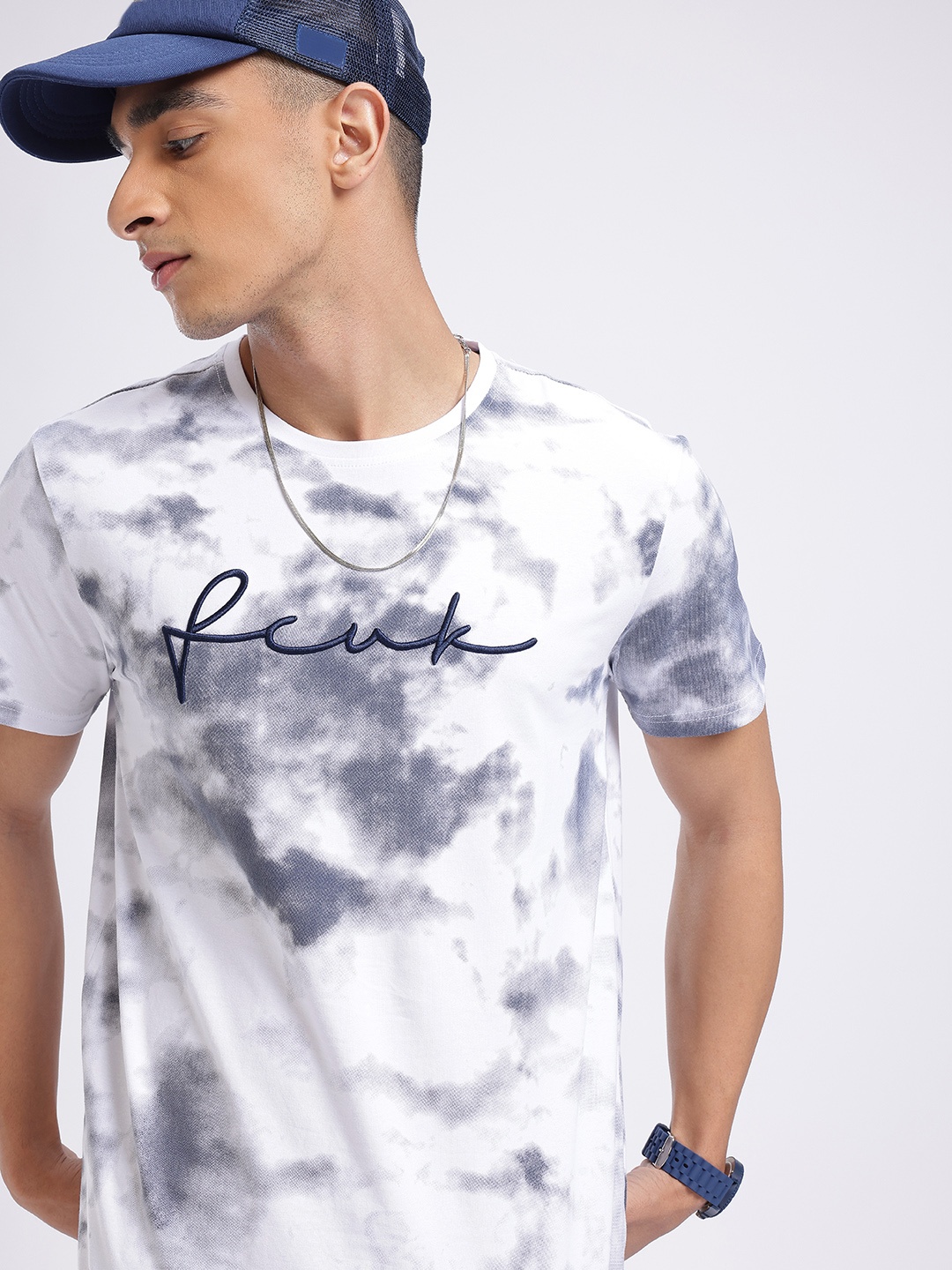 

FCUK Brand Logo Embroidered Tie-Dyed T-shirt, White