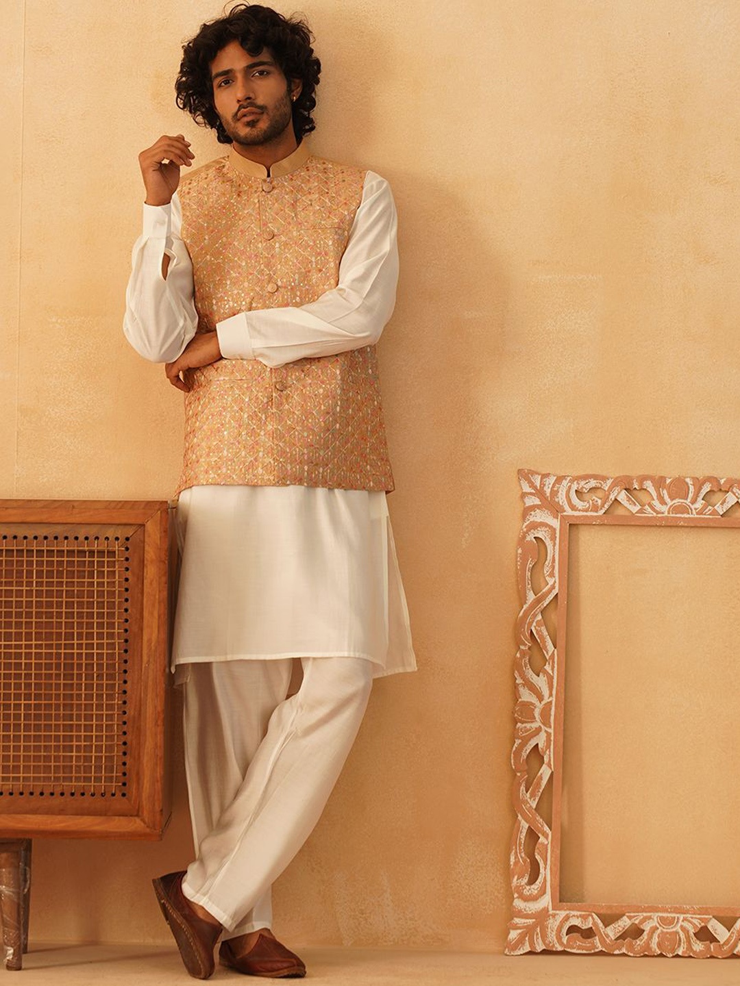 

Jompers Straight Kurta with Churidar & Nehru Jacket, Brown