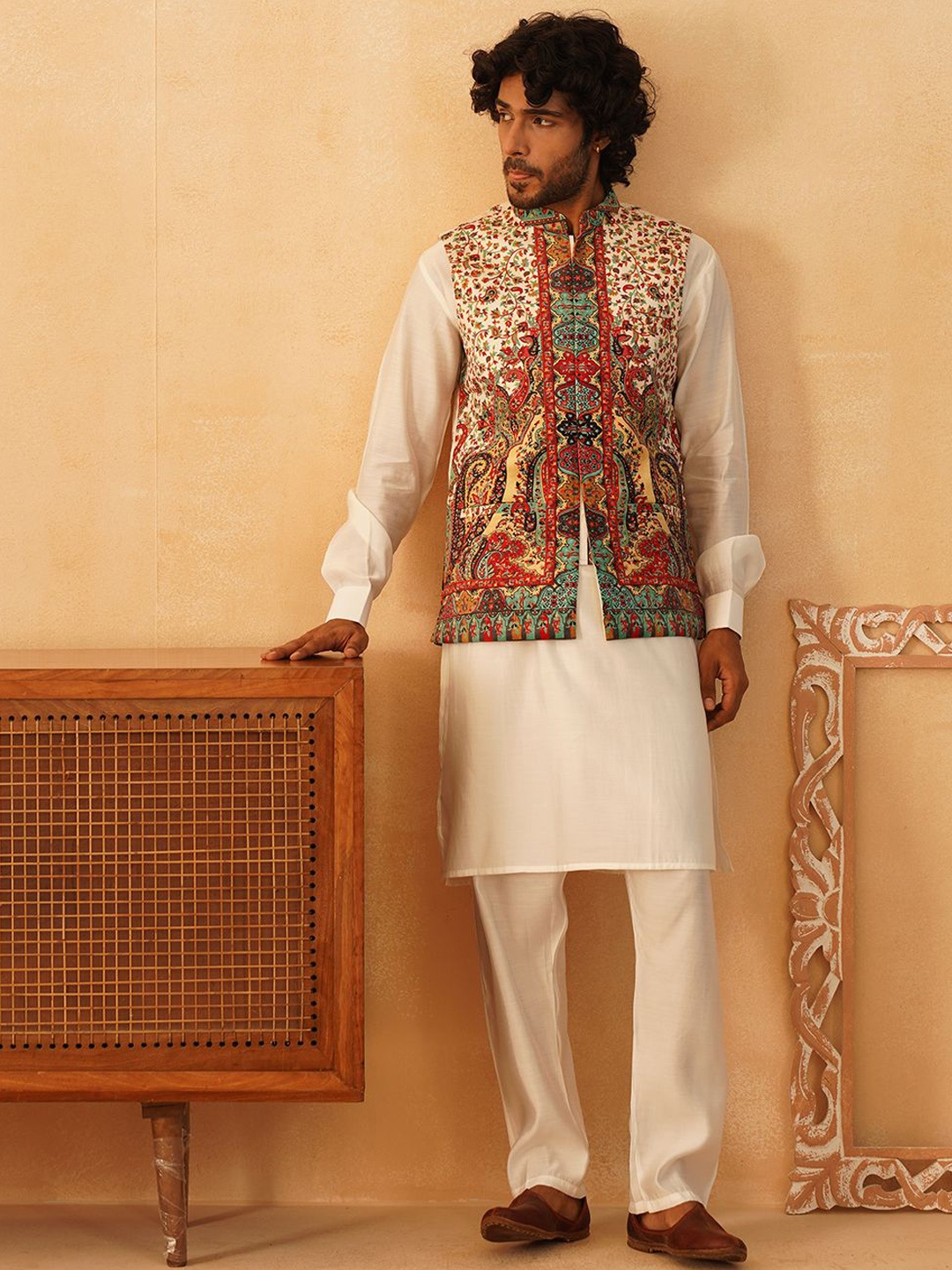 

Jompers Straight Kurta with Churidar & Nehru Jacket, Cream