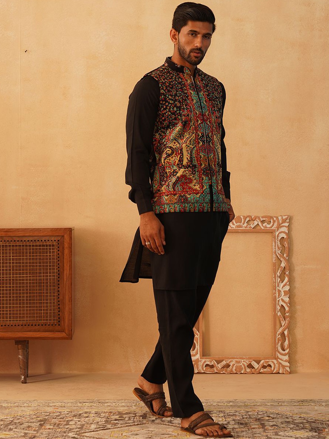 

Jompers Straight Velvet Kurta with Churidar & Nehru Jacket, Black