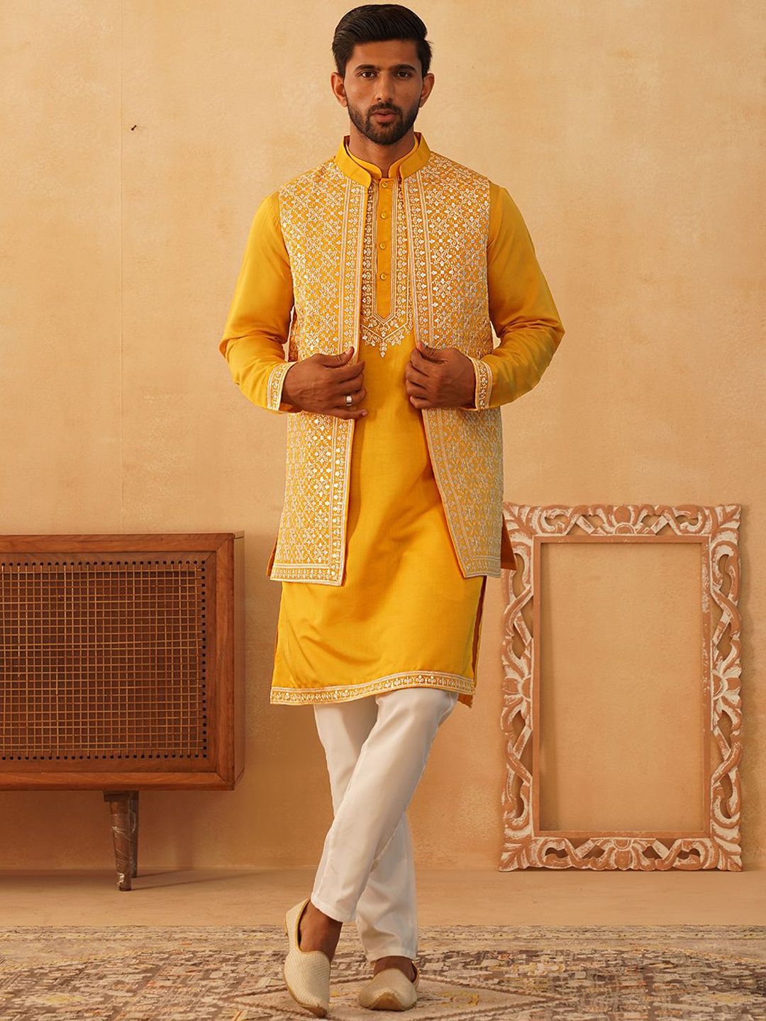 

Jompers Floral Yoke Design Sequinned Regular Kurta with Pyjamas & Embroidered Waistcoat, Mustard