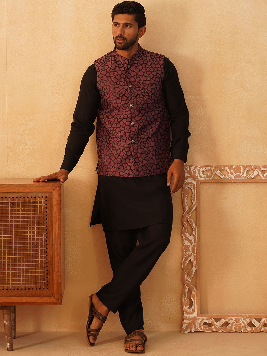 

Jompers Straight Kurta with Churidar & Nehru Jacket, Coral
