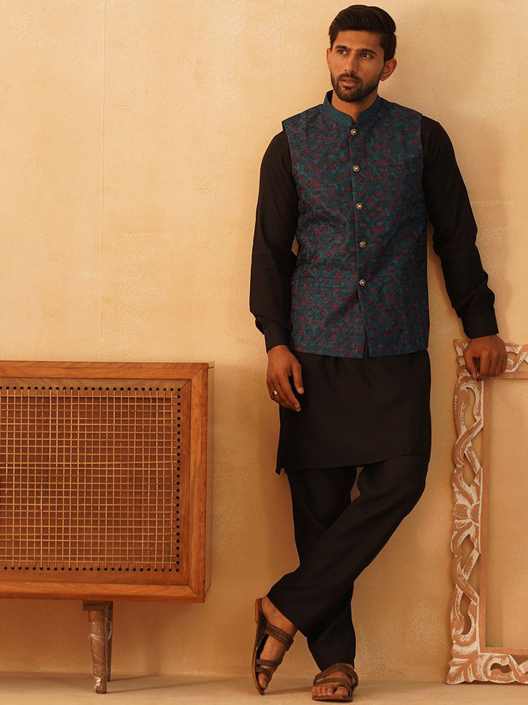 

Jompers Straight Kurta with Churidar & Nehru Jacket, Teal