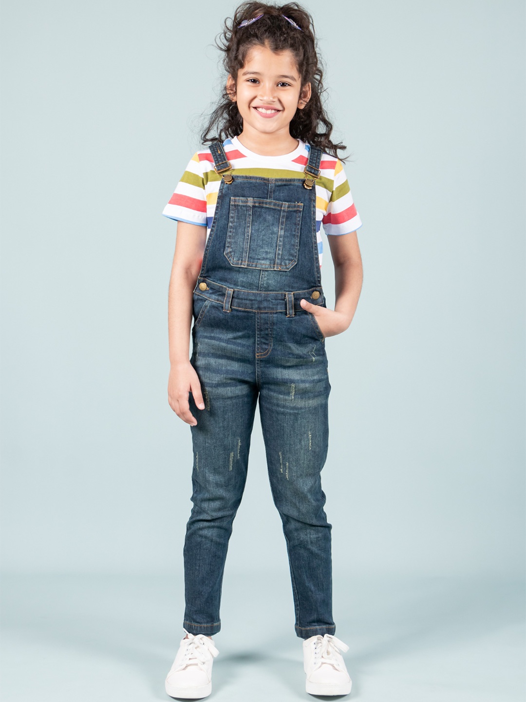 

TWEENY MINI Girls Printed Cotton Dungaree and T-Shirt, Blue