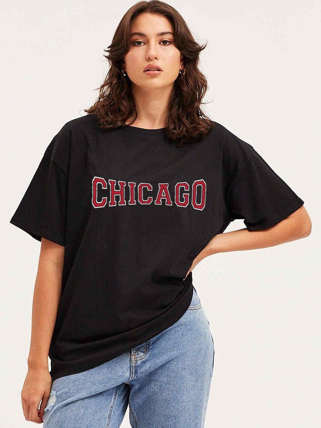 

CLAFOUTIS Women Printed Round Neck Cotton Relaxed Fit Tshirt, Black