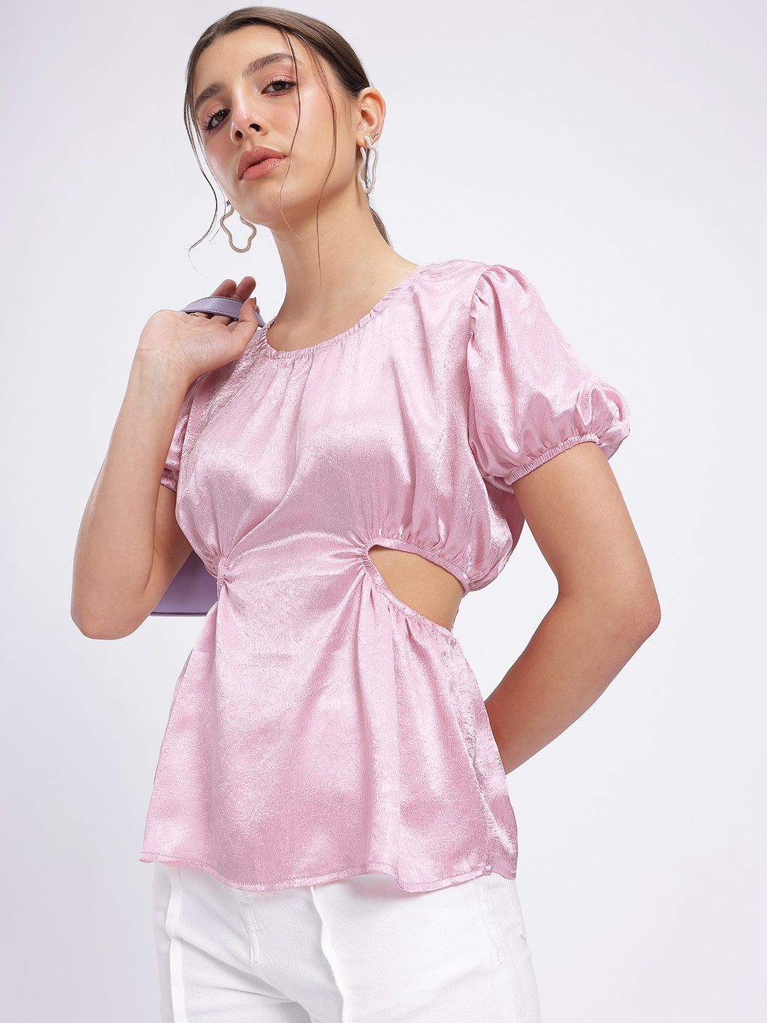 

DressBerry Satin Sophistication Cut-Out Detail Puff Sleeves Top, Pink